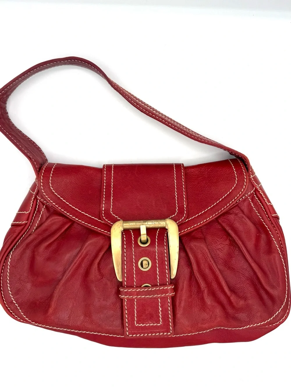 Celine Red Leather Shoulder Bag with Gold Buckle Accent